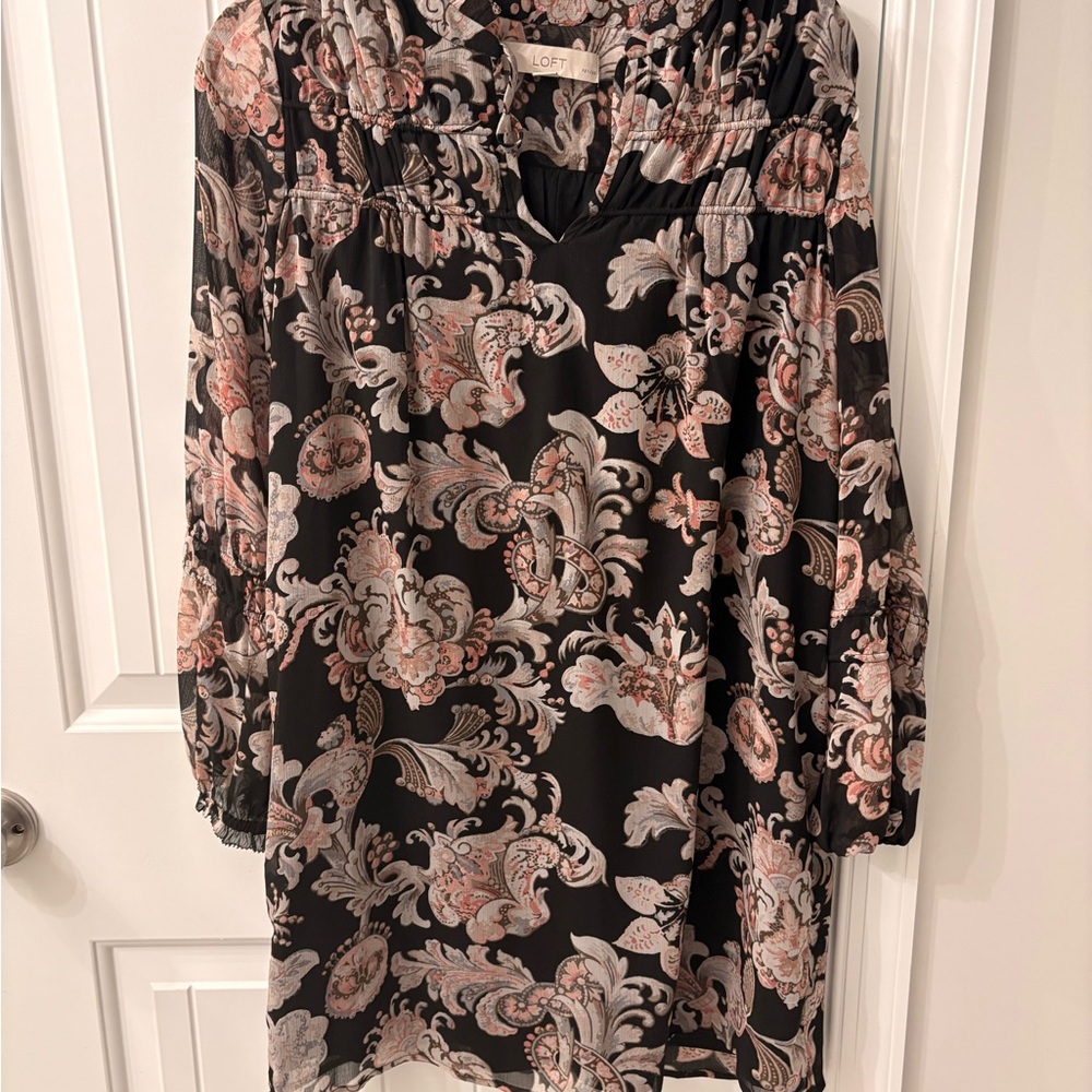 LOFT Floral Long Sleeve Dress in Black and Pink